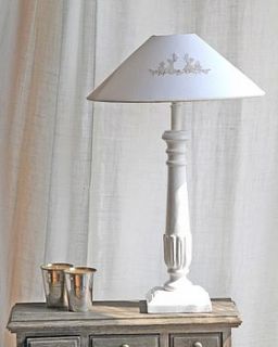 distressed wooden lamp with linen shade by victoria jill