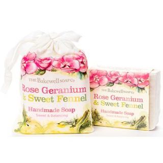 geranium and fennel natural soap and gift bag by the bakewell soap company