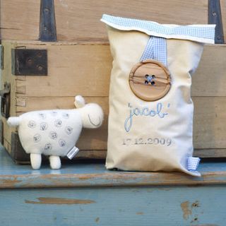 baby sheep rattle with personalised gift bag by izzy and floyd