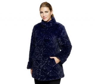 Dennis Basso Brocade Faux Fur Coat with Stand Collar —