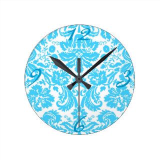 Blue and White Fancy Damask Patterned Round Wall Clocks