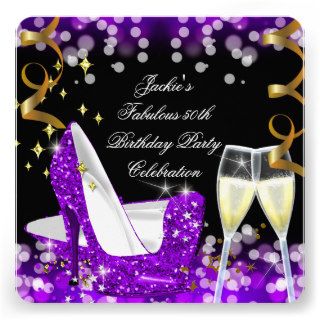 50th Fabulous Purple Glitter High Heel Birthday Custom Invite
