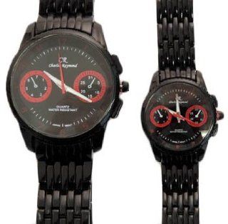 Charles Raymond His & Hers Designer Watches Black Bracelet, Black Face with Red Accents Watch Set Watches