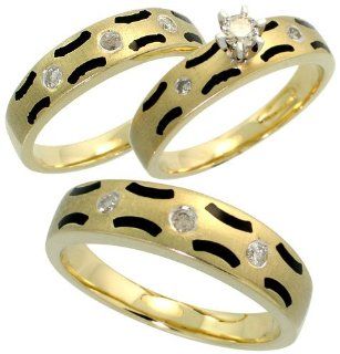 14k Yellow Gold Trio 3 Piece His (6mm) & Hers (5mm; 5mm) Wedding Band Set, w/ 0.15 Carat (Center) & 0.26 Carat (Sides) Brilliant Cut Diamonds; (Men's Size 9 to 12), size 8 Jewelry