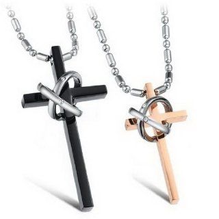 JBlue Jewelry Men,Women's 2PCS Stainless Steel Pendant Necklace CZ Silver Gold Black Cross Ring Love Valentine's Couples His & Hers Set with 20 and 23 inch Chain (with Gift Bag) Jewelry