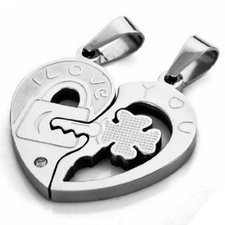 JBlue Jewelry men's His & Hers Couples Heart Clover Key Stainless Steel Pendant Love Necklace Set Valentine Silver with 20 and 23 inch Chain (with Gift Bag) Personalized Gifts Jewelry
