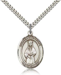 Large Detailed Men's .925 Sterling Silver O/L Our Lady of Hope Medal Pendant 1 x 3/4 Inches  7230  Comes with a Stainless Silver Heavy Curb Chain Neckace And a Black velvet Box Jewelry