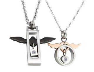 His & Hers Matching Set Titanium Couple Pendant Necklace with Cubic Zirconia Stone Korean Love Style in a Gift Box (His (Black)) Locket Necklaces Jewelry