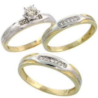 Gold Plated Sterling Silver Diamond Trio Wedding Ring Set His 4.5mm & Hers 3.5mm, Mens Size 8 to 14 Jewelry