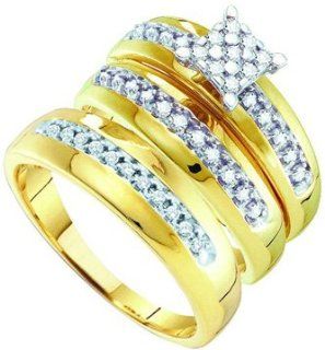 10k Yellow Gold Natural Round Diamond Square shape Cluster Womens Men His + Hers Matching Trio Wedding Engagement Bridal Ring & Anniversary Band Set   .33 (1/3) Ct.t.w. Jewelry