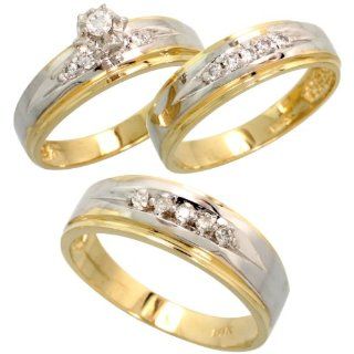 14k Gold Trio 3 piece His (6mm) & Hers (5mm) Wedding Band Set w/ Rhodium Accent, w/ 0.35 Carat Brilliant Cut Diamonds; (Men's Size 9 to 12); Ladies' Size 6 Jewelry