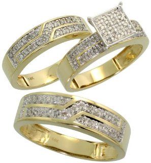 14k Yellow Gold Trio 3 Piece His (6mm) & Hers (5mm; 7mm) Wedding Band Set, w/ 0.50 Carat Brilliant Cut Diamonds; (Men's Size 9 to 12), size 8 Jewelry