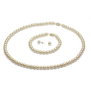 DaVonna 14k Gold White FW Pearl Necklace Bracelet and Earring Set (6 6.5 mm) DaVonna Pearl Necklaces