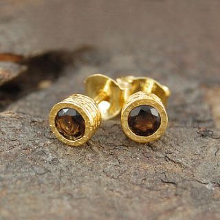 gold and smokey quartz dot stud earrings by embers semi precious and gemstone designs