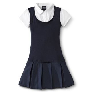 French Toast Girls School Uniform Short Sleeve 2 Fer Pleated Dress   Navy 6