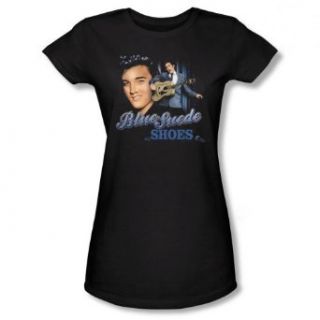 Elvis Presley BLUE SUEDE SHOES Short Sleeve Tee JUNIOR SHEER   BLACK T Shirt Clothing