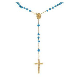 14k Yellow Gold Turquoise Bead Rosary Necklace (20") Pendant Necklaces Jewelry