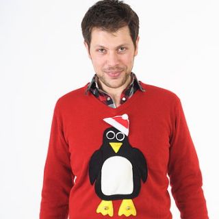 men's penguin christmas jumper v neck by woolly babs christmas jumpers