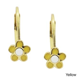 18k Yellow Gold Overlay Enamel Flower Leverback Earrings Children's Earrings