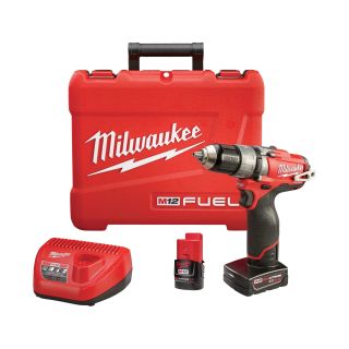 Milwaukee M12 FUEL Cordless Hammer Drill/Driver Kit — 1/2in. Chuck, 12 Volt, With 1 Compact 2.0 Ah and 1 Extended Run 4.0 Ah Battery, Model# 2404-22  Cordless Drills