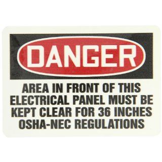 Accuform Signs LELC002XVE Safety Label, Legend "DANGER AREA IN FRONT OF THIS ELECTRICAL PANEL MUST BE KEPT CLEAR FOR 36 INCHES OSHA NEC REGULATIONS", 3.5" Length x 5" Width x 0.006" Thickness, Adhesive Dura Vinyl, Red/Black on Whit