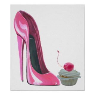 Pink Stiletto Shoe and Cherry Cupcake Poster