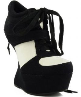 Qupid Ting 08 Two Tone Heel Less Wedge Platform Ankle Sneaker Bootie BLACK (5.5) Shoes