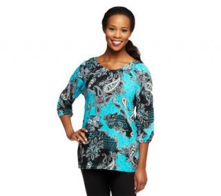 Denim & Co. 3/4 Sleeve Paisley Print Knit Top with Gathering —