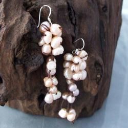 Sterling Silver Pink Pearls Cluster Drop Earrings (Thailand) Earrings