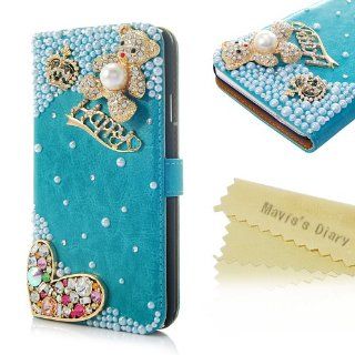 Mavis's Diary 3D Handmade Crystal Crown HAPPY Line Cute Beer Flower Rhinestone Heart Fashion Green Leather Wallet Type Magnet Design Flip Luruxy Case Cover with Soft Clean Cloth (Samsung Galaxy Note 3 SM N9000) Cell Phones & Accessories
