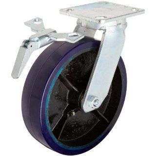 RWM Casters 47 Series Plate Caster, Swivel with Foot Operated Swivel Lock, Kingpinless, Urethane on Iron Wheel, Roller Bearing, 1500 lbs Capacity, 8" Wheel Dia, 2" Wheel Width, 9 1/2" Mount Height, 4 1/2" Plate Length, 4" Plate Wid