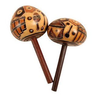 Carved Pair Gourd Stick Maracas Hand Made Fair Trade Peru Musical Instrument  Collectible Figurines  