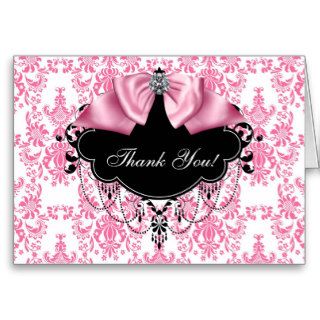 Pink Black Damask Thank You Cards