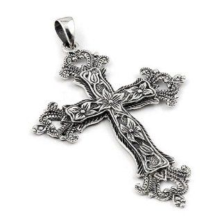 2.5 Inches Large Antique Look Decorated Sterling Silver Cross Pendant Large Cross Necklace Jewelry
