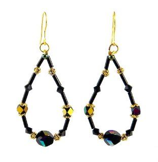 Earrings   E309   Bugle Beads and Fire Polished Glass Beads   Oval Loop ~ Black Irridescent Jewelry