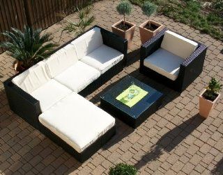 Lounge Wohnlandschaft Sofa Sessel Tisch Hocker Rattan Polyrattan Geflecht Gartenmbel schwarz Manhattan Garten