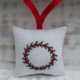 hand embroidered christmas wreath lavender bag by caroline watts embroidery