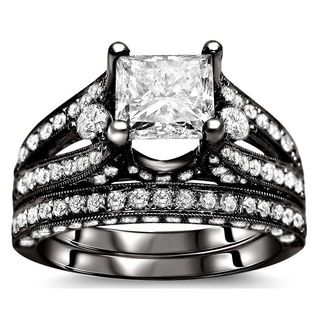18k Black Gold 3 1/10ct Certified Princess Enhanced Diamond Bridal Set (G H, SI1 SI2) Bridal Sets