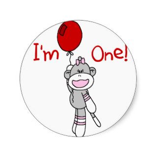 Sock Monkey First Birthday Tshirts and Gifts Round Stickers