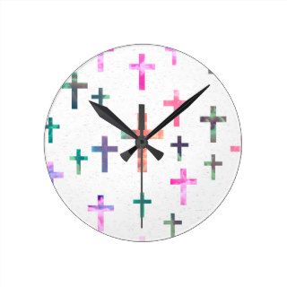 Trendy Pastel Cross Pattern Nebula Pink Clouds Wall Clocks