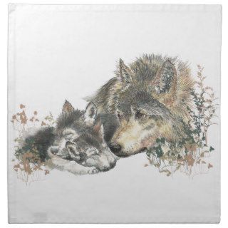 Watercolor Mother Wolf & Cubs Animal Art Napkin