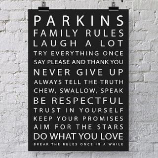 personalised 'family rules' print by parkins interiors