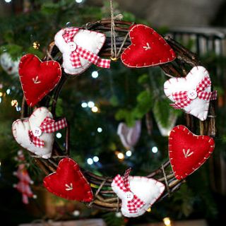 natural christmas wreath with felt hearts by pippins gift company