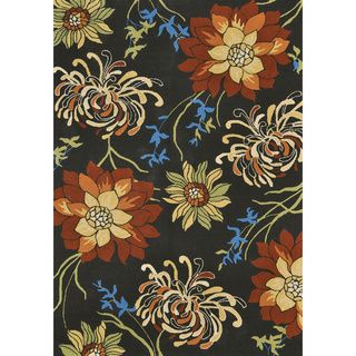 Hand hooked Coventry Black Floral Indoor/ Outdoor Rug (5 X 76)