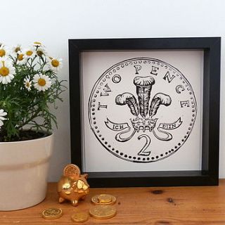 two pence coin linocut by woah there pickle