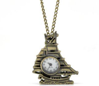 Vintage Style Antique Goldtone SAIL BOAT Pendant Watch Necklace Jewelry