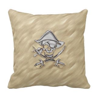 Silver Pirate Skull in the Sand Throw Pillows