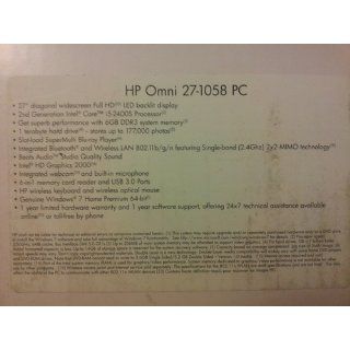 HP Omni 27 1000 27 1058 QW855AA All in One Computer   Intel Core i5 i5 2400S 2.5GHz   Desktop   27" Full HD Display   6 GB RAM   1 TB HDD   Blu ray Reader/DVD Writer   Intel HD 2000 256 MB Graphics   Wi Fi   Bluetooth   Webcam   Genuine Windows 7 Home
