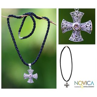 Sterling Silver Men's 'Glow of Faith' Amethyst Necklace (Indonesia) Novica Necklaces