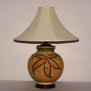 Honey Mustard With Green Floral Accent Ceramic Table Lamp With Tan Coolie Lamp Shade